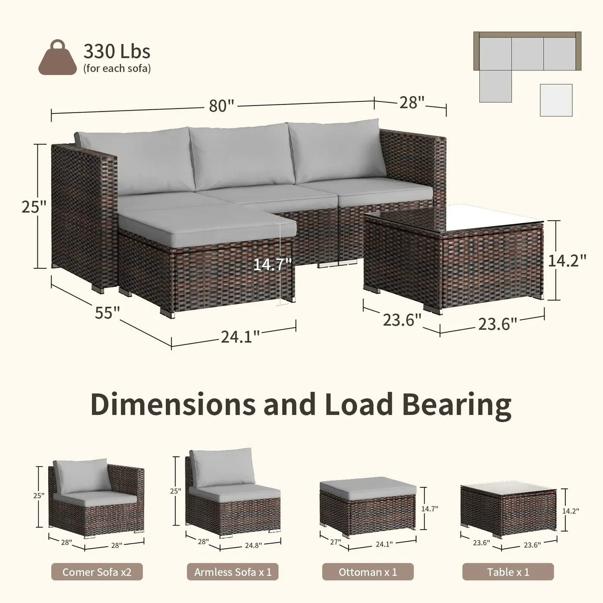 2026 NewPatio Furniture Set Clearance, Lofka 5 Piece Outdoor Sectional Furniture Chair Set with Cushions and Tea Table, Gray