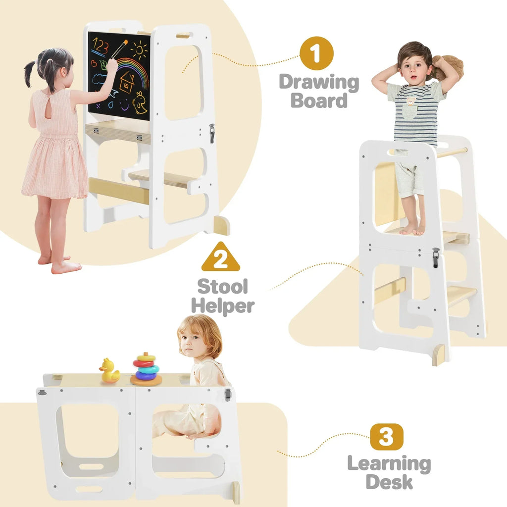 2026 NewJOZ Kitchen Toddlers Step Stool, Montessori Kids Learning Stool, Foldable Toddler Tower for Counter, Standing Helper for Children, 3 Adjustable Heights, Wooden, White