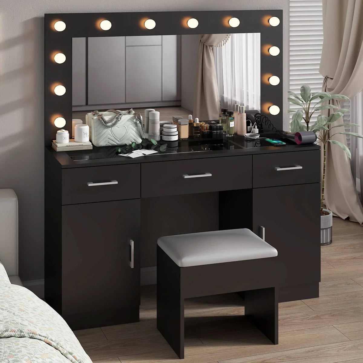 2026 NewKtaxon Large Makeup Vanity, Vanity Table Set w/ Visible Glass Top w/ Charging Station, White