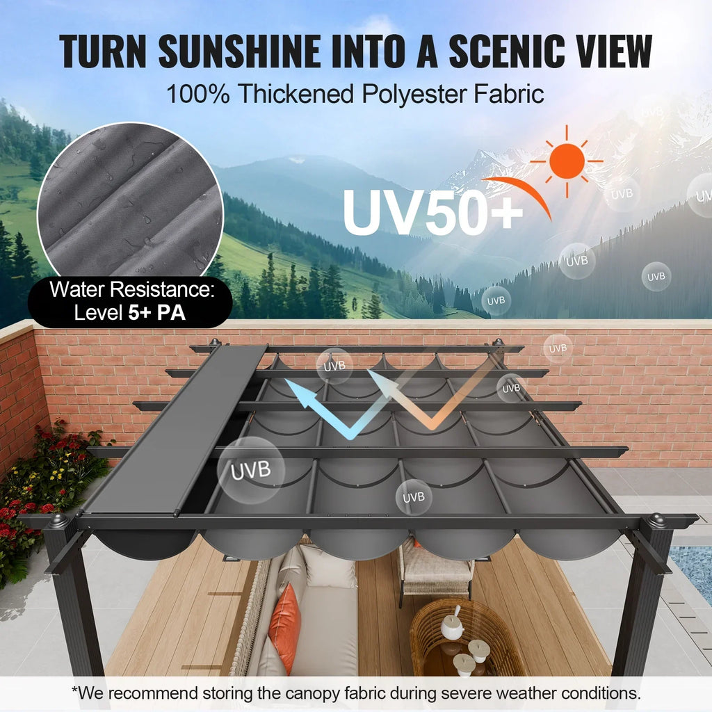 2026 NewKFFKFF 10'x10' Aluminum Pergola, Outdoor with Retractable Sun Shade Canopy, Ideal for Patio, Garden, Deck, Backyard - Gray