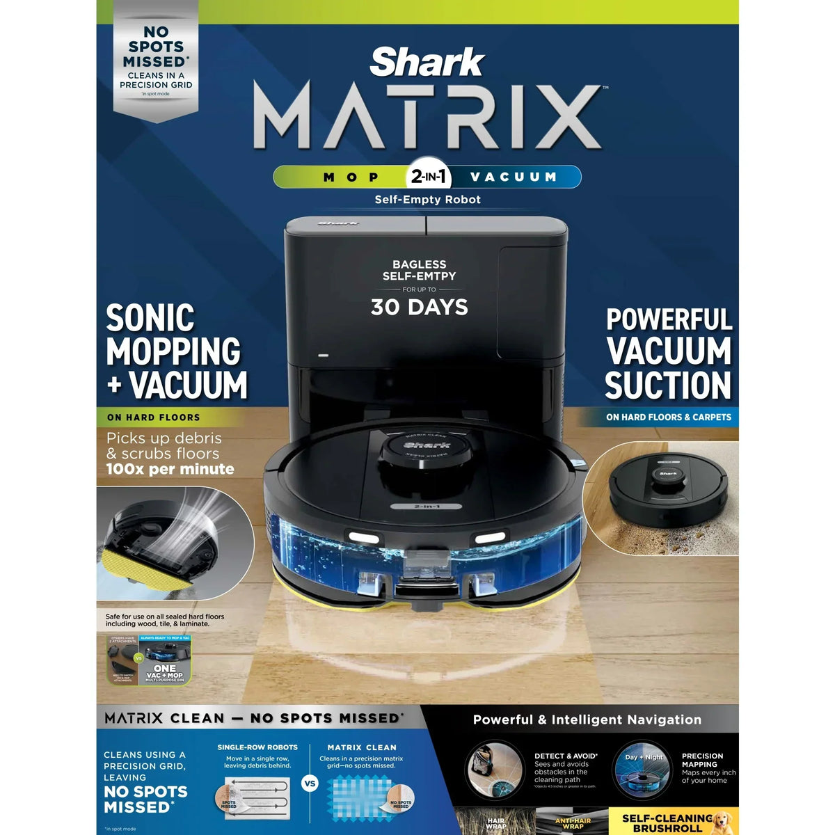 2026 NewShark Matrix Robot Vacuum & Mop, Auto Empty, Carpets and Hard Floors, 30-Day Capacity Base, Precision Home Mapping, Pet-Friendly, Wi-Fi, RV2400WS