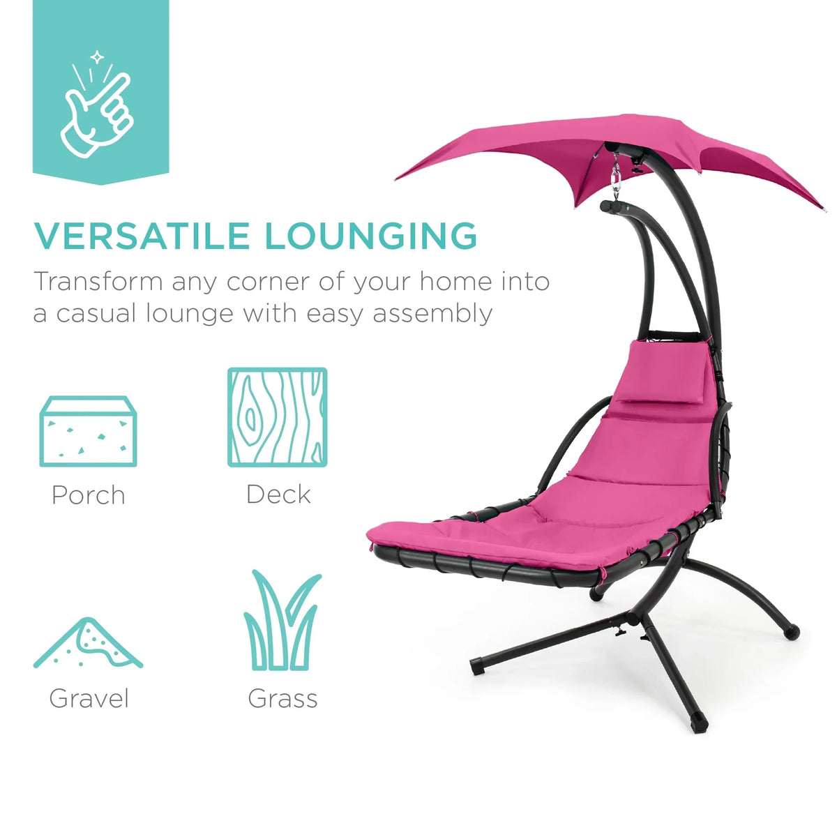 2026 NewBest Choice Products Hanging Curved Chaise Lounge Chair Swing for Backyard, Patio w/ Pillow, Shade, Stand - Teal