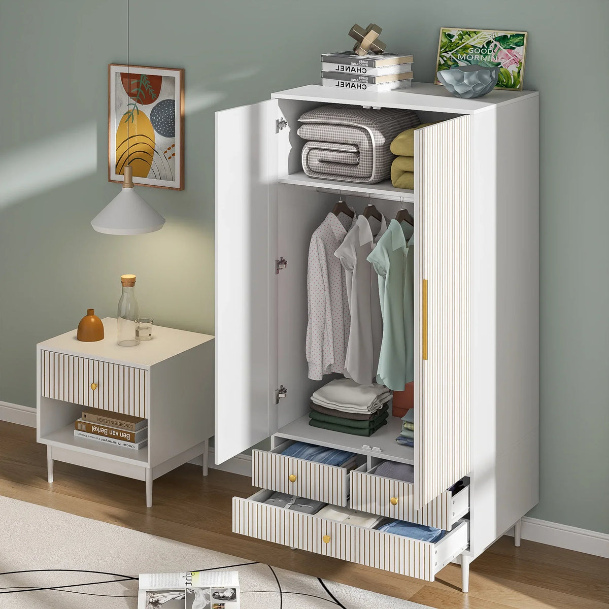 2026 NewArmoire Wardrobe Closet with 2 Doors, Wardrobe Cabinet with Hanging Rod and Drawers, Wooden Closet for Bedroom, White
