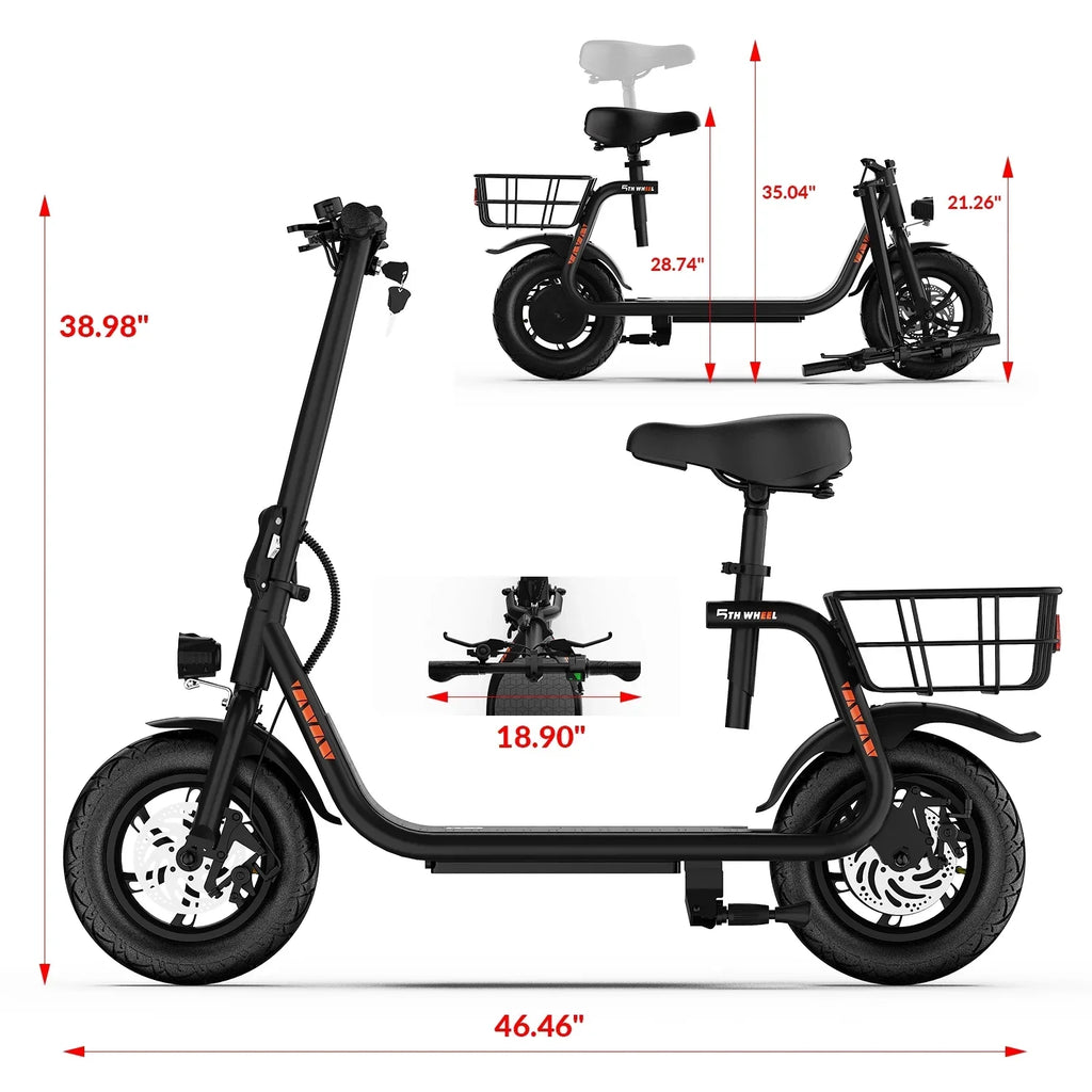 2026 New5TH WHEEL W18S 450W Motor Electric Scooter for Adults with Seat and Carry Basket, 36V 20Miles Range & 15.5Mph, 12" Foldable E Scooter for Commuting