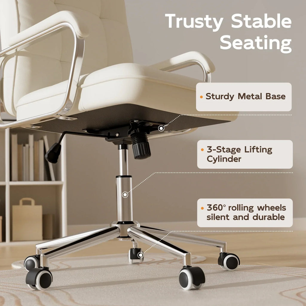 2026 NewSolfway White Office Chair, Swivel Leather Computer Desk Chair with Wheels and Padded Arms, Executive Office Chair for Adults