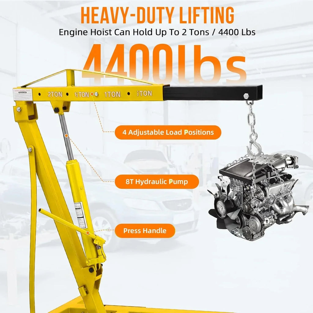 2026 NewJoanKaren 2 Ton Folding Hydraulic Engine Hoist,Heavy-Duty Engine Shop Crane Hoist Lift,Heavy Cherry Picker with 6 Wheels,Yellow