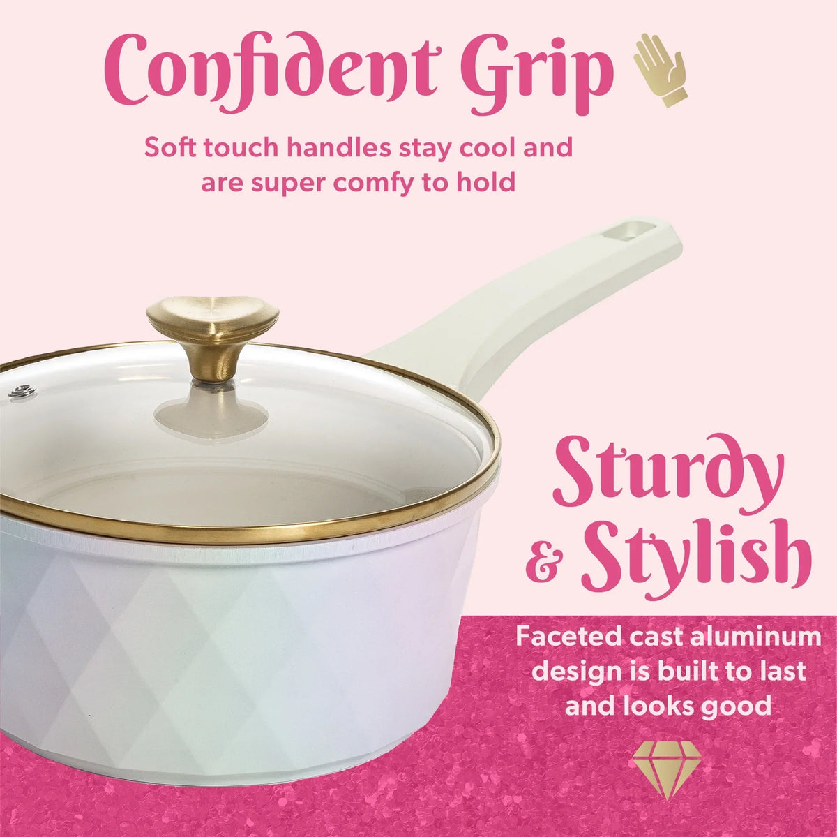 2026 NewParis Hilton 10-Piece Ceramic Nonstick Cast Aluminum Cookware Set, Clean Ceramic Coating, Faceted Pink Design