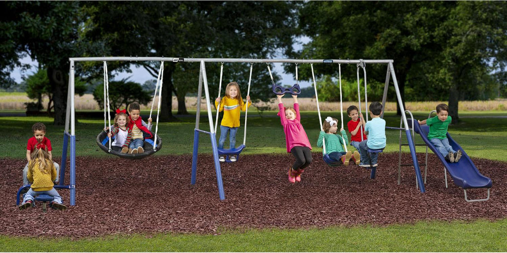 2026 NewXDP Recreation Fun All-Mighty Metal Swing Set with Super Disc Swing. Stand R Swing. Glider. & Slide