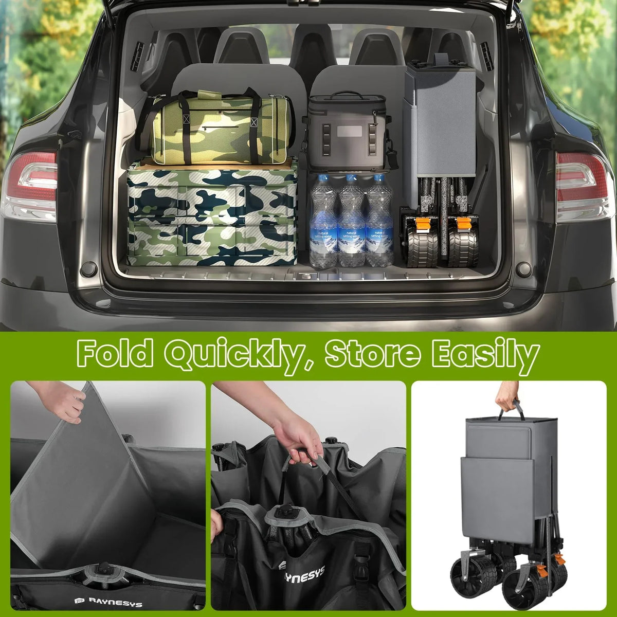 2026 NewRaynesys 300L Foldable Wagon Cart with Wheels, 440lbs Heavy Duty Beach Wagon for Sand Sports Camping Grocery, Black & Gray