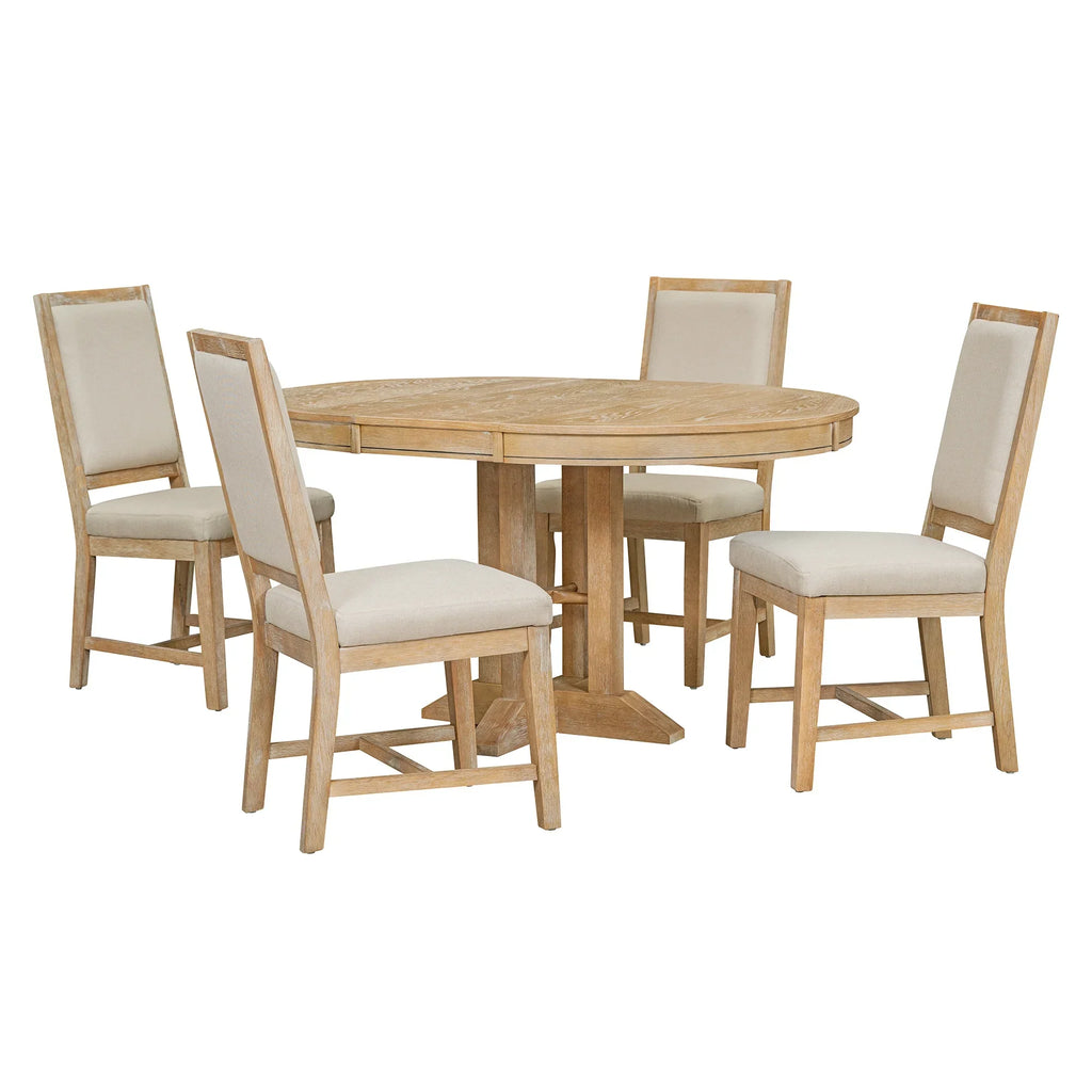 2026 New5 Piece Round Dining Table Set, Dining Room Set with Extendable Table and 4 Upholstered Chairs, Wood Dining Table Set for 4, Farmhouse Dining Table Set for Kitchen Dining Room Dorm Apartment, Brown