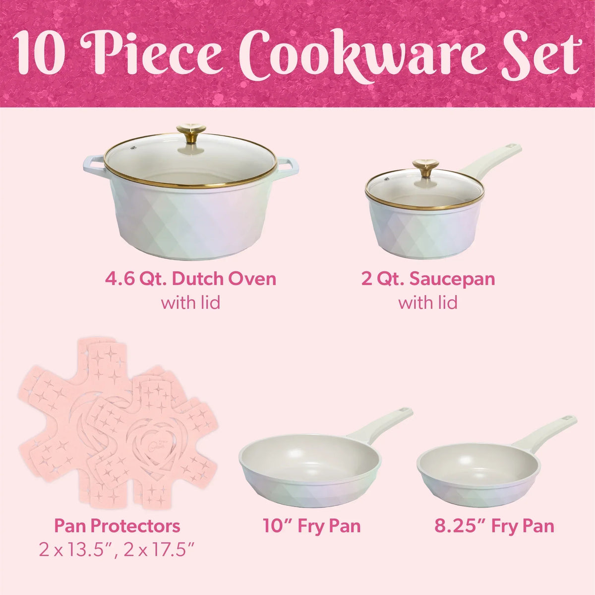 2026 NewParis Hilton 10-Piece Ceramic Nonstick Cast Aluminum Cookware Set, Clean Ceramic Coating, Faceted Pink Design