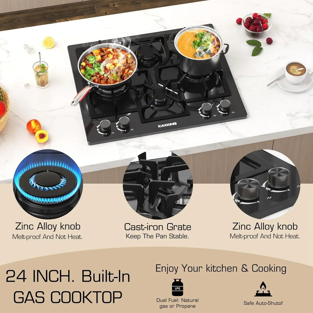 2026 New24 Inch Black Gas Cooktop - Built-in Dual Fuel Natural Gas & Propane Stove - 4 Burner Convertible Cooktop with Thermocouple Protection