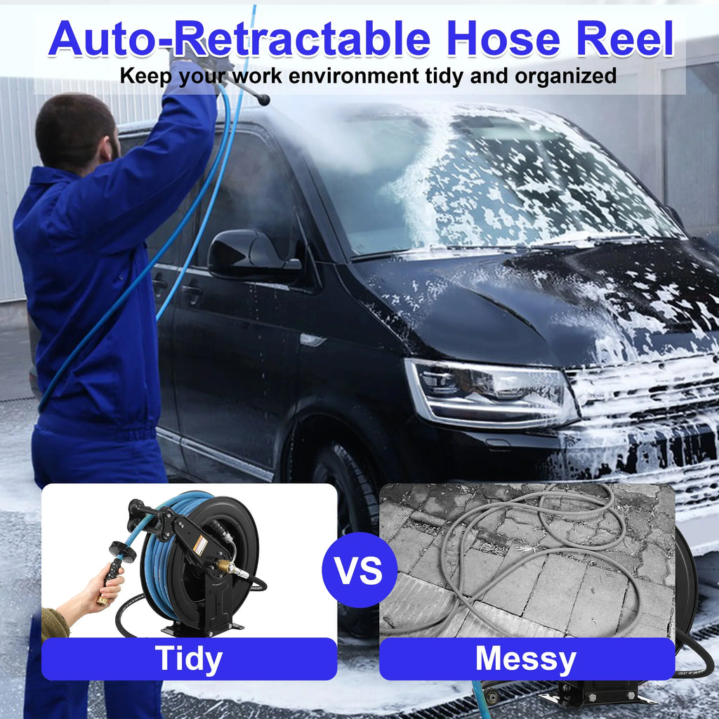 2026 NewAuto-Retractable Pressure Washer Hose Reel, 50FT x 3/8" Heavy Duty Steel Power Washer Hose Reel Dual Arm, 4000 PSI