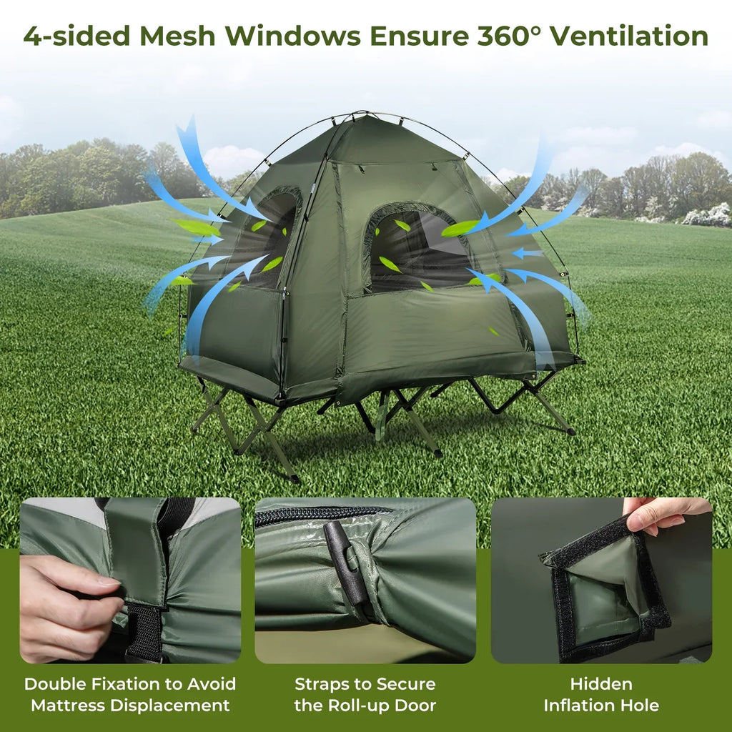 2026 NewPatiojoy Folding 2-Person Camping Tent Cot Portable Pop-Up Tent with Sleeping Bag&Air Mattress for Outdoor Activity
