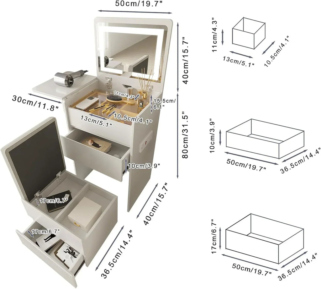 2026 NewVanity Desk with Flip Top Lighted Mirror, Compact Makeup Table with Storage Stool, Integrated Vanity with Drawers, 3-in-1 Vanity Set, Small Dressing Desk for Bedroom