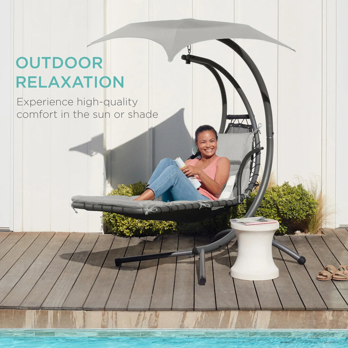 2026 NewBest Choice Products Hanging Curved Chaise Lounge Chair Swing for Backyard, Patio w/ Pillow, Shade, Stand - Teal