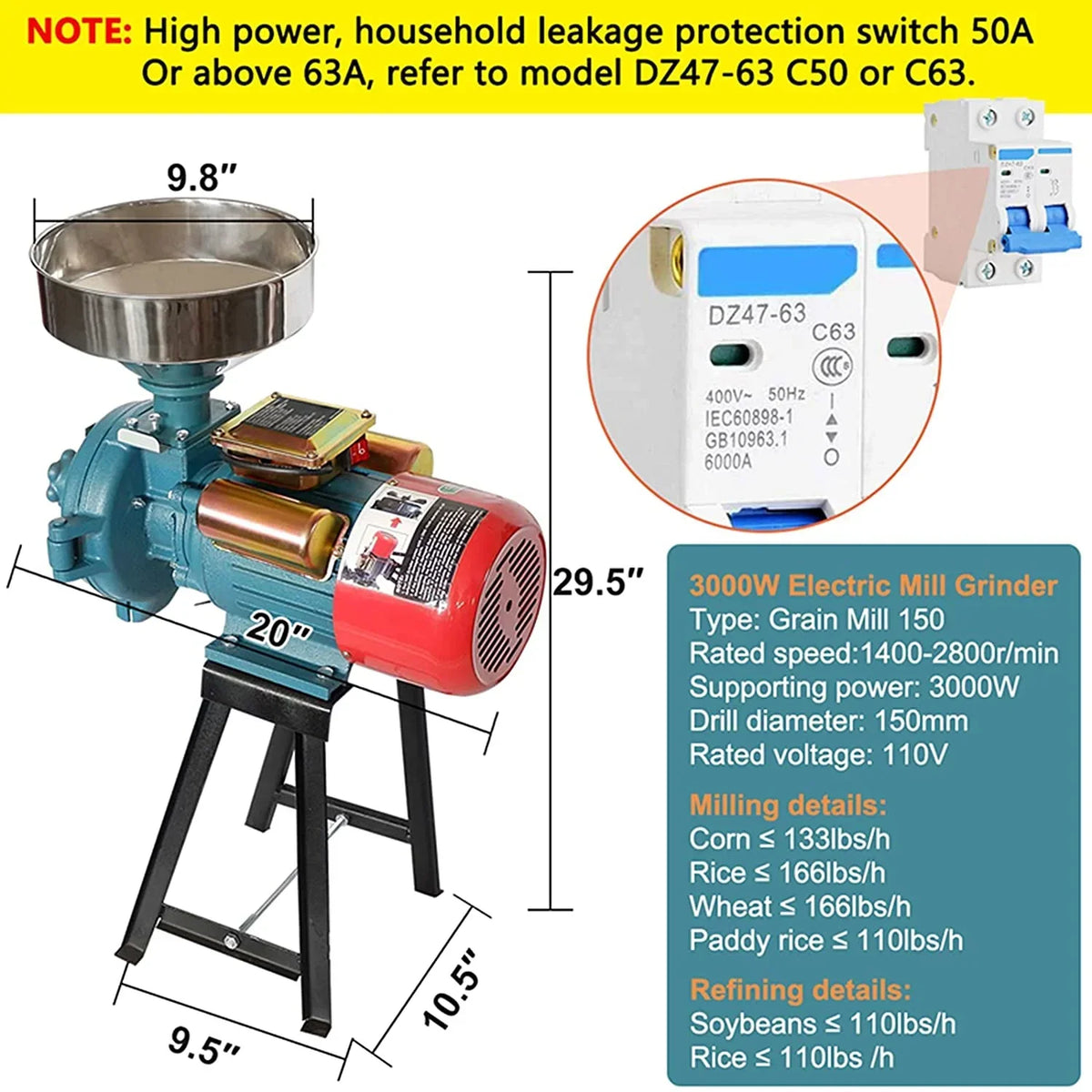 2026 NewNAIZEA 3000W Electric Grain Mill, 110V Corn Grinder, Heavy Duty Commercial Feed Mill, Wet Dry Cereals Grinder