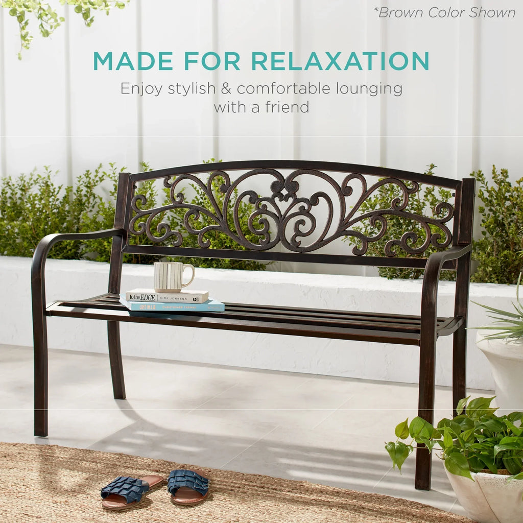 2026 NewBest Choice Products Outdoor Steel Bench Garden Patio Porch Furniture w/ Floral Design Backrest - Black