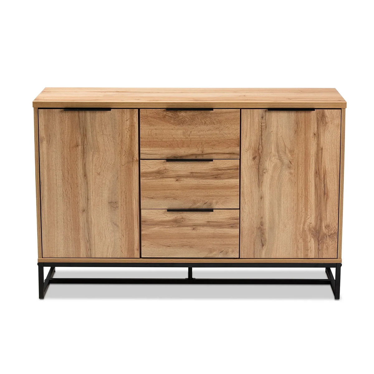2026 NewBaxton Studio Reid Modern and Contemporary Industrial Oak Finished Wood and Black Metal 3-Drawer Sideboard Buffet