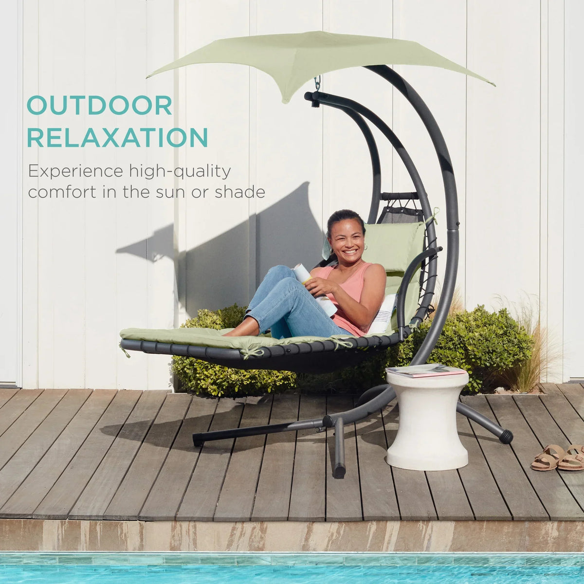 2026 NewBest Choice Products Hanging Curved Chaise Lounge Chair Swing for Backyard, Patio w/ Pillow, Shade, Stand - Teal