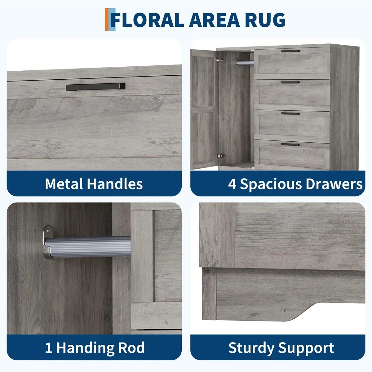 2026 NewAtaucjin Wood Armoire Wardrobe Closet with 4 Drawers and Door, 43.3" H Bedroom Wardrobe Cabinet with Hanging Rod, Clothing Storage Cabinets, 4 Drawers Dresser with Storage Closet