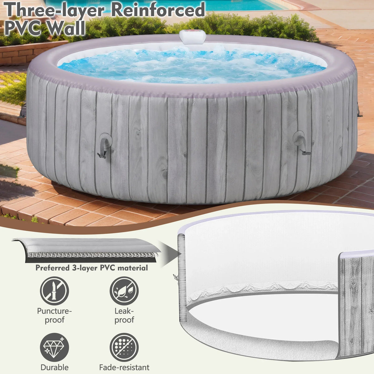 2026 NewRound Hot Tub Surround Furniture, Spa Surround Outdoor Rattan Sectional Sofa Set with Mini Sofa, Solid Acacia Wood Hot Tub Storage Surround Patio Furniture Set, Gray Cushion
