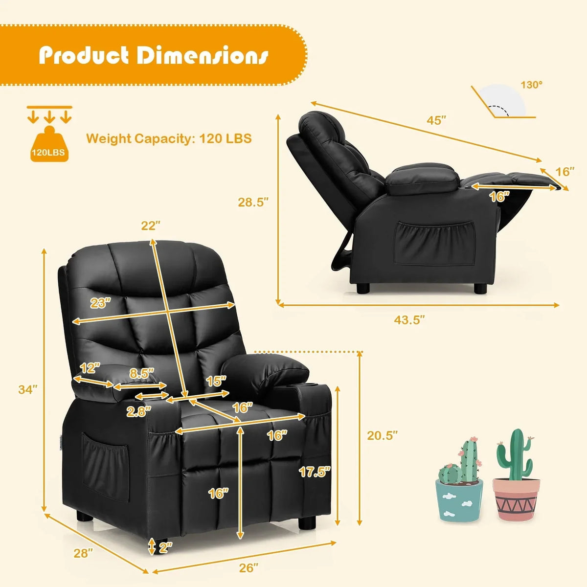 2026 NewInfans Kids Youth Recliner Chair PU Leather w/Cup Holders & Side Pockets Black