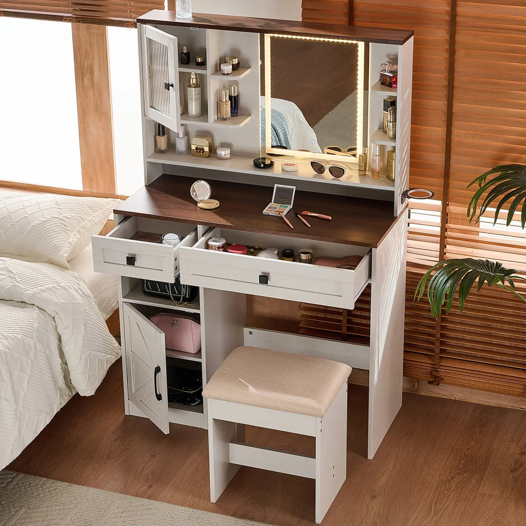 2026 NewFarmhouse Makeup Vanity Desk with Mirror and Lights,Dressing Table Set with Charging Station and Stool,Drawers,Shelves and Side Cabinet,White