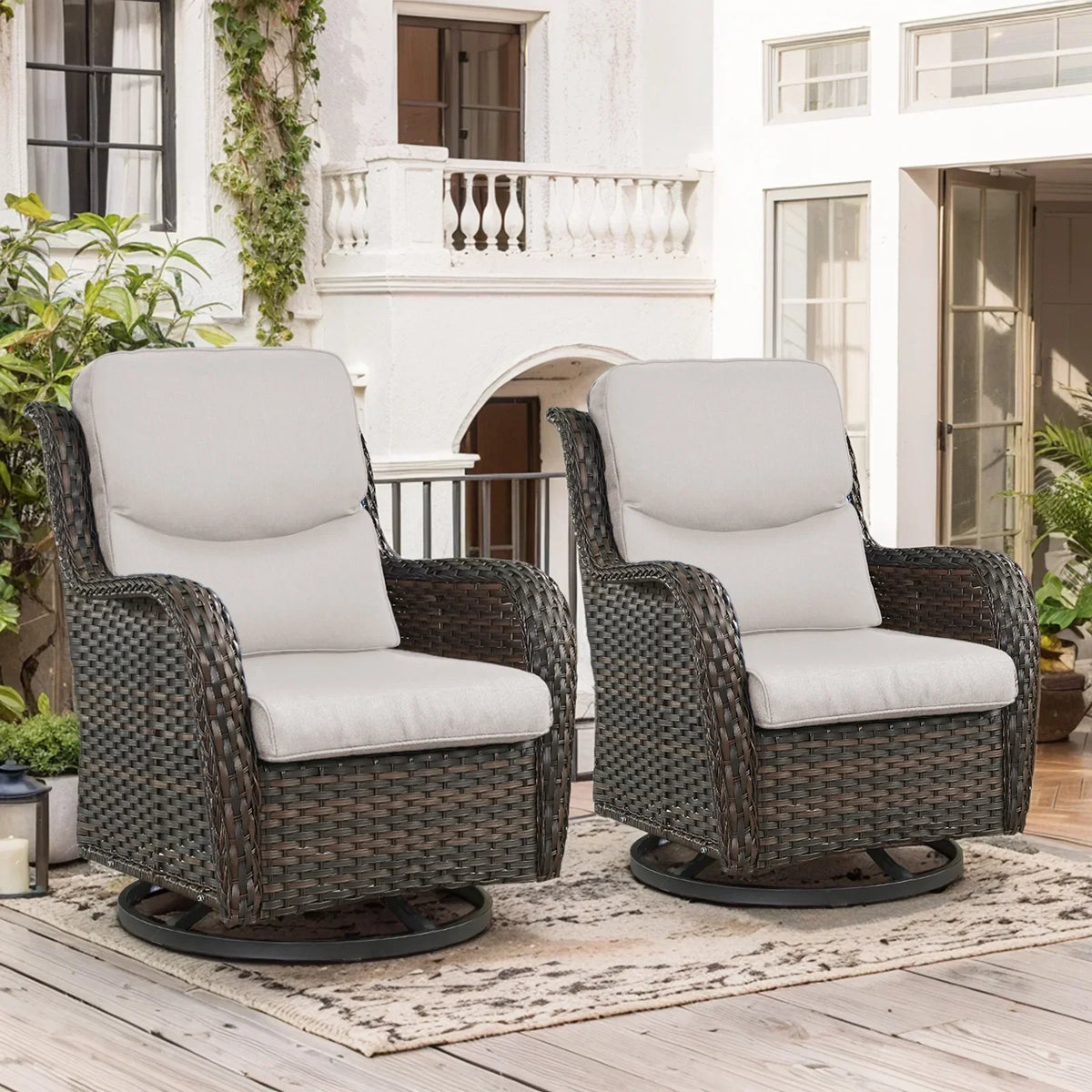 2026 NewPOCASSY Patio Swivel Chairs, Outdoor Wicker Swivel Glider Rocking Chairs with High Back and Thick Cushions for Porch Deck - Set of 2, Beige
