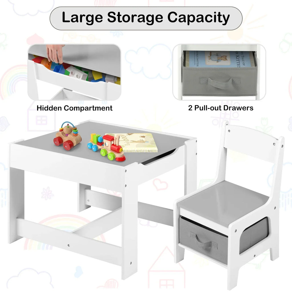 2026 NewLINLUX Kids Table and 2 Chairs Set, Children Activity Table Chairs with Chalkboard/Whiteboard, Grey