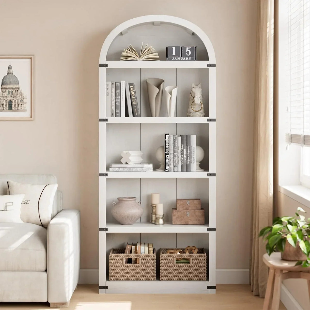 2026 NewBookcase 5 Shelf Arched Bookshelf 71.65in Tall Bookcase Farmhouse Display Storage Rack Wooden Bookshelves for Home Office, Living Room(white)
