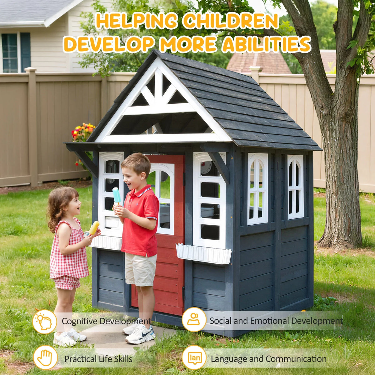2026 NewCOCLUB Outdoor Playhouse for Kids Ages 4-8, Wooden Play House with Doorbell, Phone, Kitchen Toys, Outdoor Kids Play Equipment, Casa Para Niñas (45”L x 65”H), White & Black