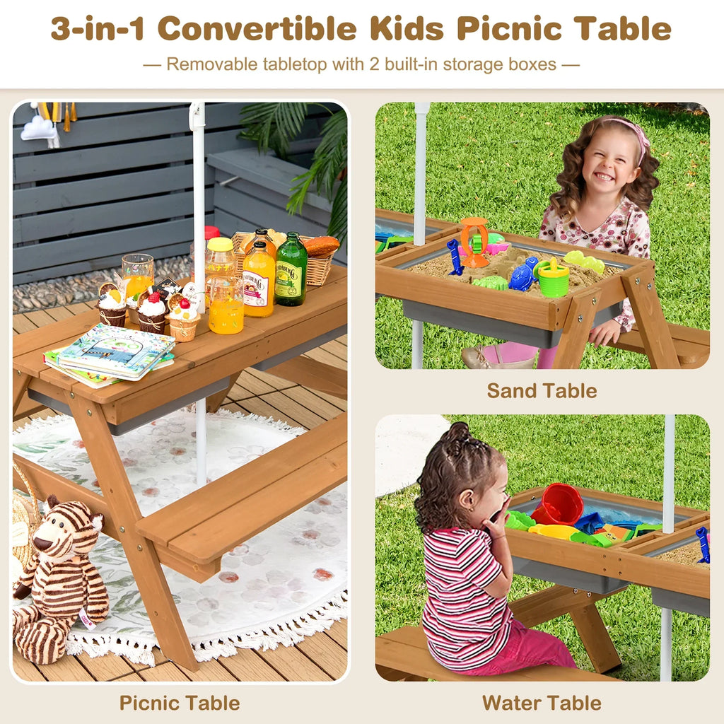 2026 NewCostway 3-in-1 Kids Picnic Table Wooden Outdoor Sand & Water Table with Umbrella Play Boxes Green