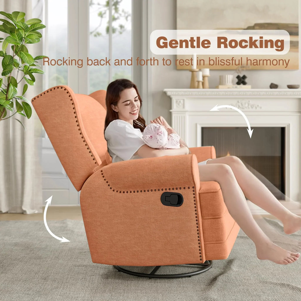 2026 NewRoyalcraft Swivel Nursery Glider Recliner, Comfy Upholstered Glider Chair with Lumbar Pillow and Footrest, Beige