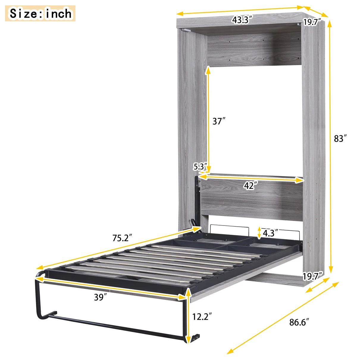 2026 NewEuroco Pine Wood Twin Size Murphy Bed, Convertible Wall Bed into A Cabinet, Gray