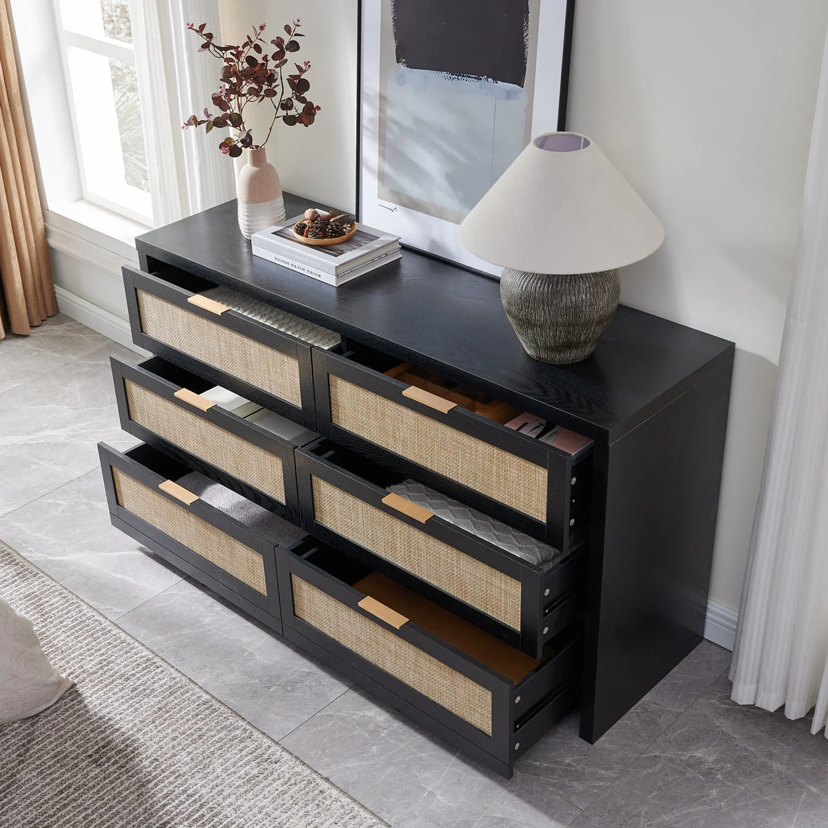 2026 NewSICOTAS 56.85" 6 Drawer Dresser,Rattan Dresser with Storage,Boho Dressers & Chests of Drawers Wooden Tall Dresser for Bedroom