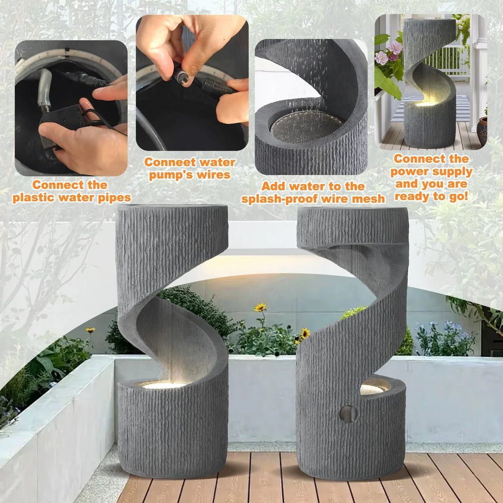 2026 NewMagic Union Outdoor S-Shaped Water Fountain, Spiral Waterfall Indoor Fountain Outside Garden Decor with LED Lights & Pump, Curved Patio Resin Fountains for Yard, Deck, Porch and Home Decorations