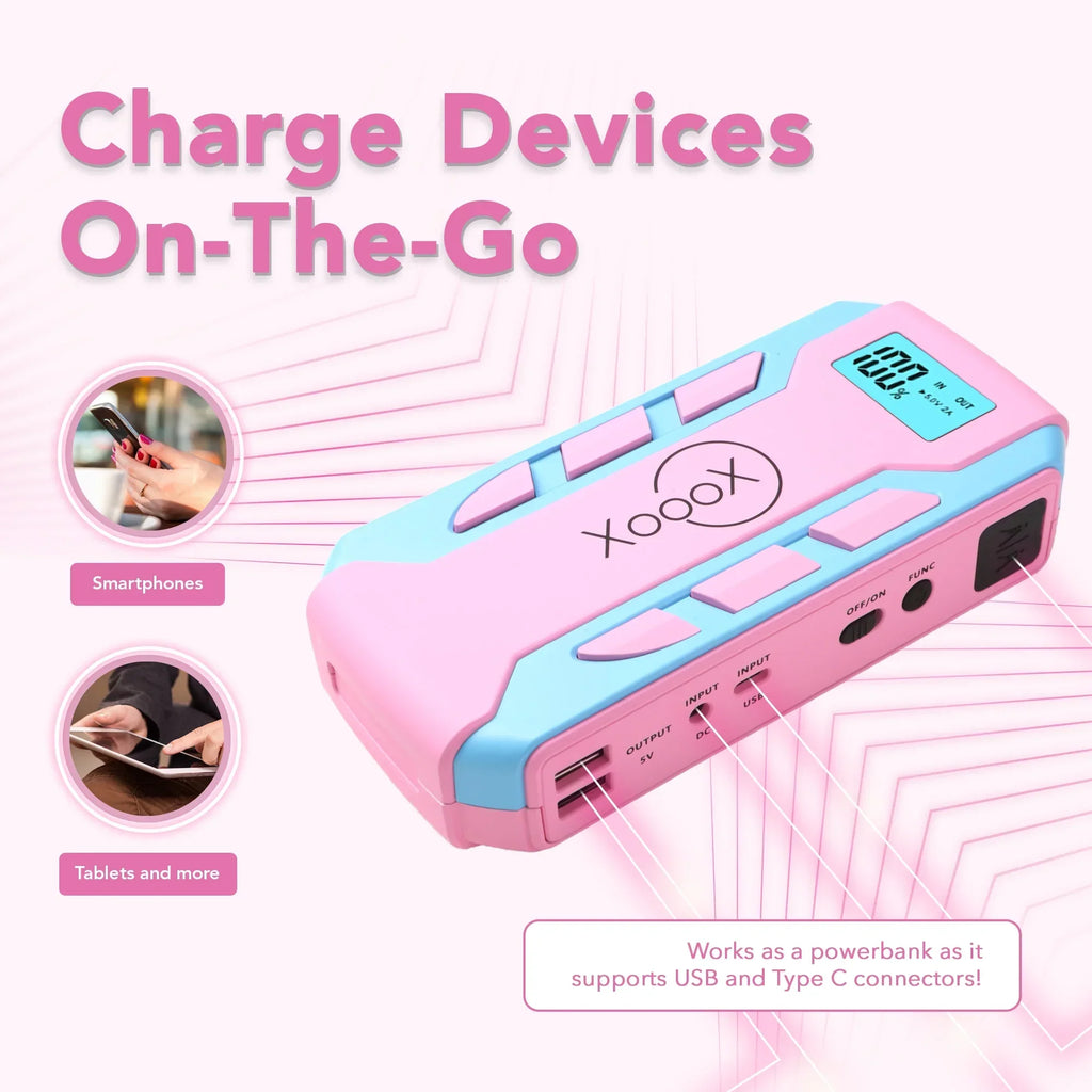 2026 NewXoooX Pink Portable Car Battery Jump Starter Kit with Jumper Cables, LED Light and Case; 12V Jump Start Battery Pack; Portable Battery Charger for USB/USB-C Devices