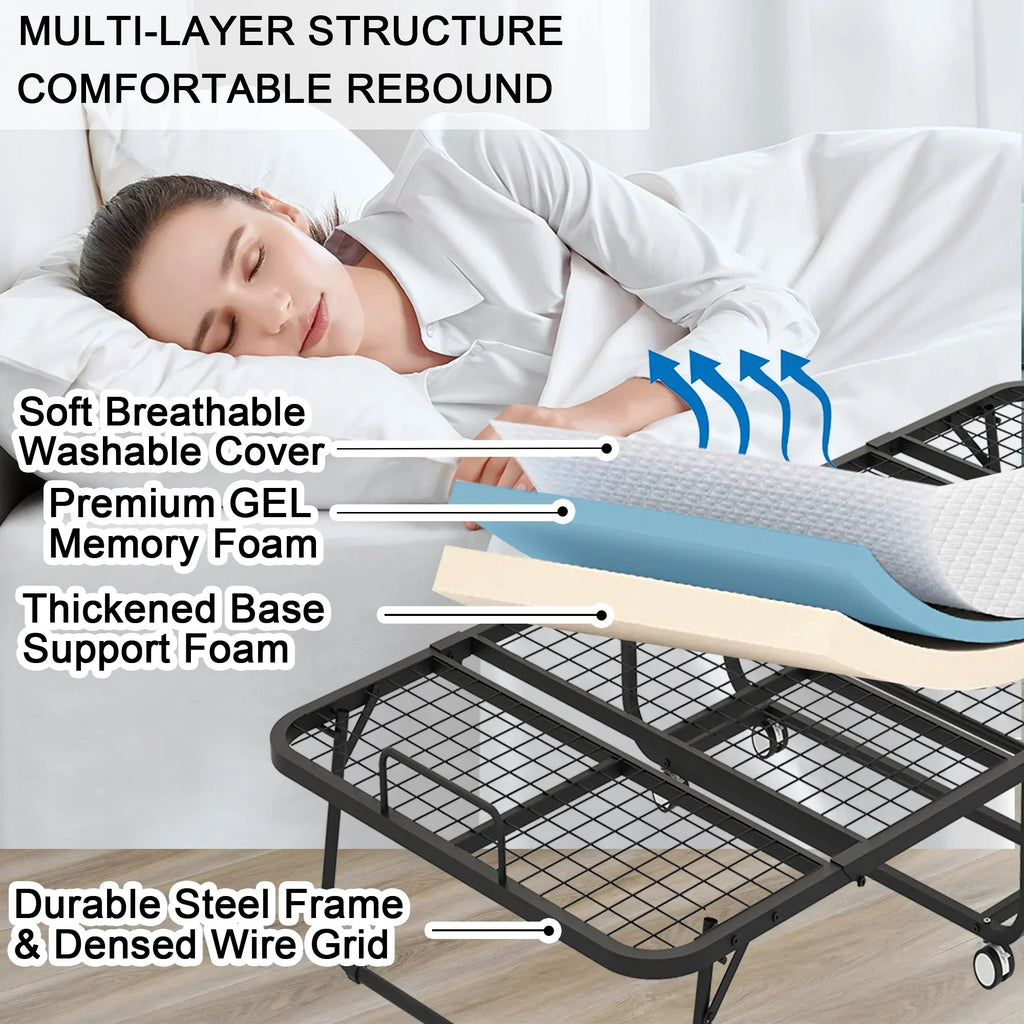 2026 NewFolding Bed with Mattress 75" x 31" Cot Size Folded Bed, Rollaway Guest Bed Portable Foldable Extra Bed for Adults Daybed with 5" Memory Foam Mattress Space-Saving Sturdy Metal Grid Frame