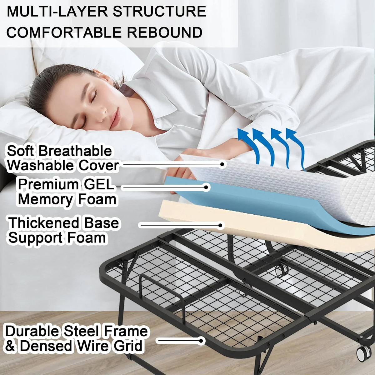 2026 NewFolding Bed with Mattress 75" x 31" Cot Size Folded Bed, Rollaway Guest Bed Portable Foldable Extra Bed for Adults Daybed with 5" Memory Foam Mattress Space-Saving Sturdy Metal Grid Frame