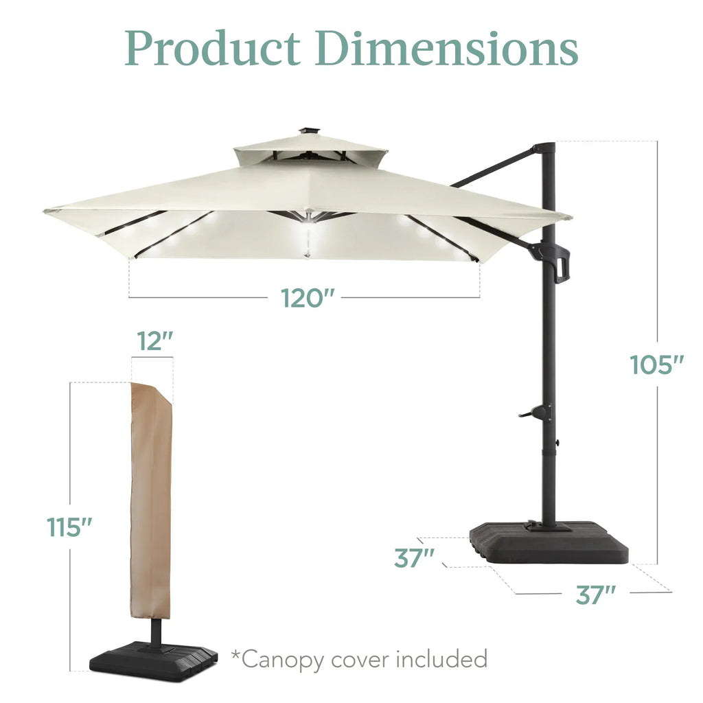 2026 NewBest Choice Products 10x10ft 2-Tier Square Outdoor Solar LED Cantilever Patio Umbrella w/ Base Included - Tan