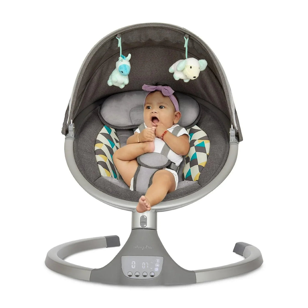 2026 NewDream On Me Zazu Baby Swing. Baby Swing for Infant. 5 - Swinging Speed. Two Attached Toys. Bluetooth Enabled and Remote Control. Grey and Blue