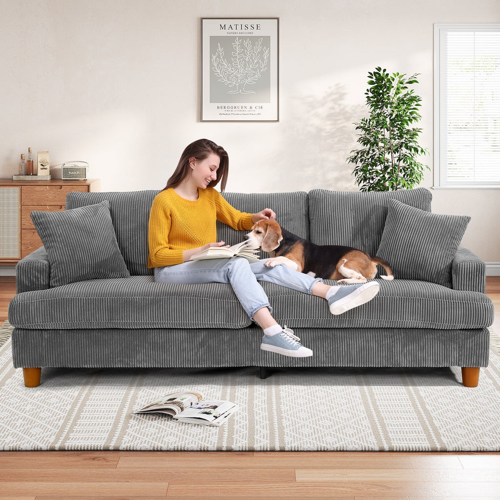2026 New87" Corduroy Sofa,3 Seater Sofa with Extra Deep Seats,Neche Comfy Upholstered Couch for Living Room,2 Pillows,Green