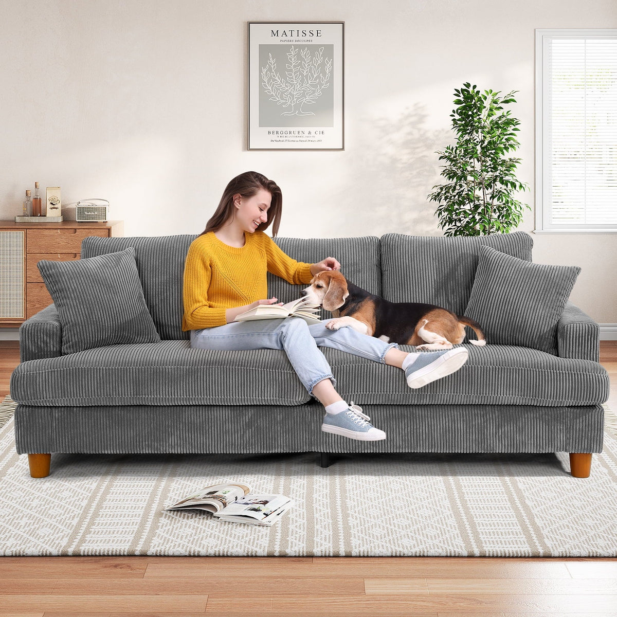 2026 New87" Corduroy Sofa,3 Seater Sofa with Extra Deep Seats,Neche Comfy Upholstered Couch for Living Room,2 Pillows,Green