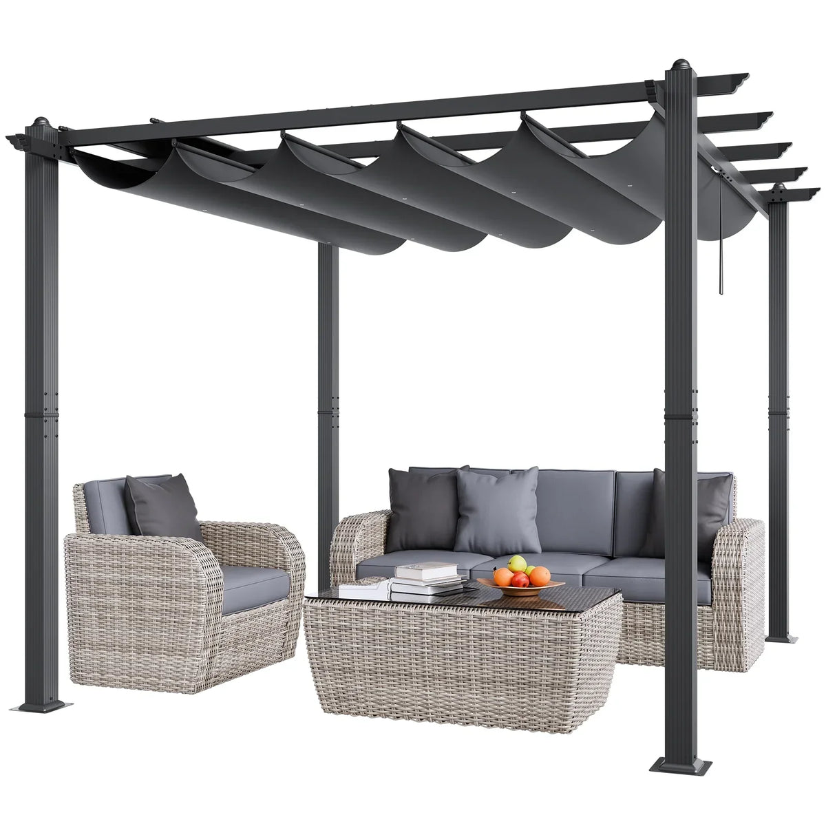2026 NewKFFKFF 10'x10' Aluminum Pergola, Outdoor with Retractable Sun Shade Canopy, Ideal for Patio, Garden, Deck, Backyard - Gray