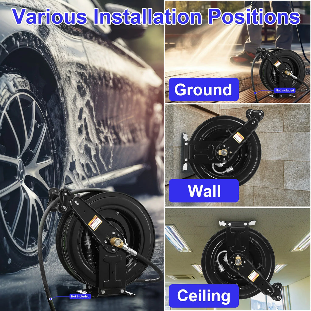 2026 NewAuto-Retractable Pressure Washer Hose Reel, 50FT x 3/8" Heavy Duty Steel Power Washer Hose Reel Dual Arm, 4000 PSI
