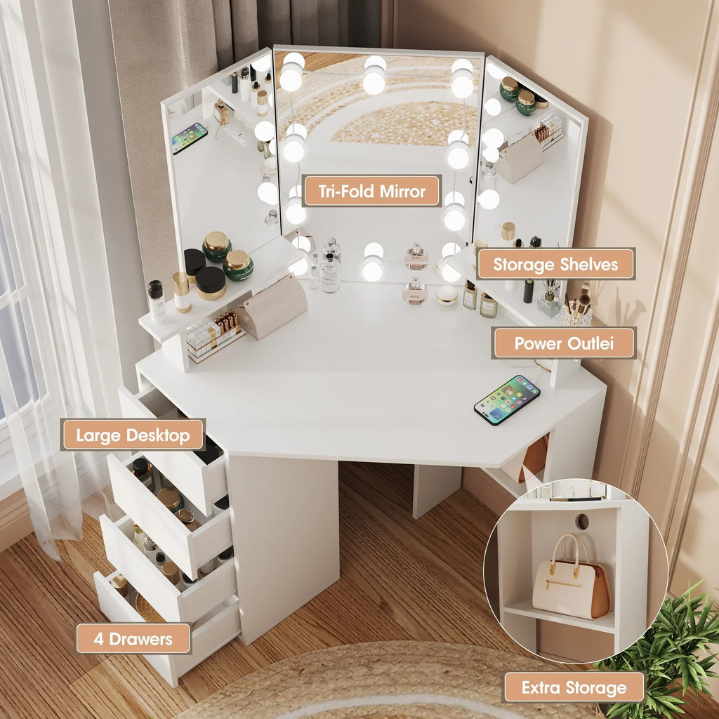 2026 NewVeanerwood White Corner Vanity Desk with Mirror and Light,Makeup Table with 4 Drawers and Charging Station for Bedroom