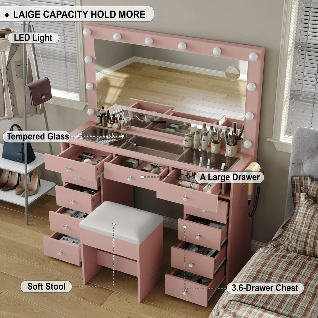 2026 NewWhite Vanity Desk with Illuminated Mirror & Power Outlet, 11 Drawers Vanity Table with Chair, Makeup Vanity with 12 LED Lights, Tempered Glass Top, Dressing Table for Bedroom,Dressing Room