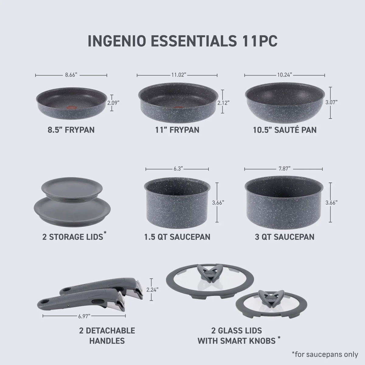 2026 NewT-fal Ingenio Essentials Nonstick, 11 Piece Cookware Set, Detachable Handle, Oven, Broiler, Dishwasher Safe, RV, Grey Granite
