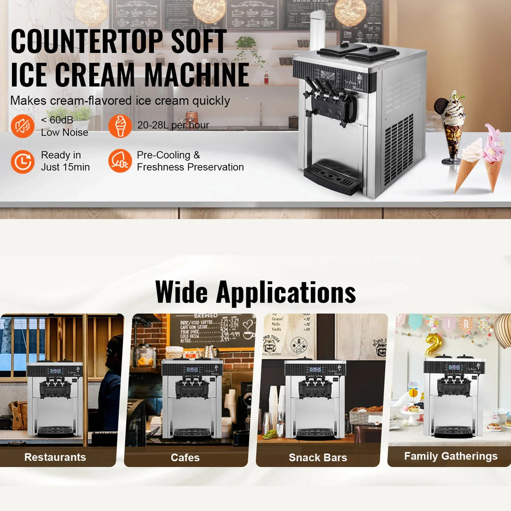 2026 NewSIHAO 1200W Commercial Ice Cream Machine Countertop 18L/H Soft Serve Ice Cream Maker with LED Display